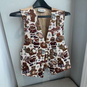 Vintage Facets Santa Teddy Bear Embroidered Tapestry Vest Holiday Christmas SZ L